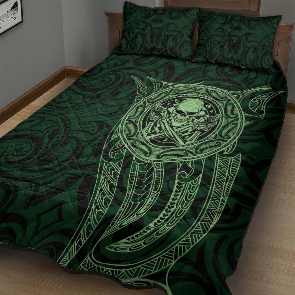 New Zealand Skull Darts Quilt Bed Set Aotearoa Maori Chest Tattoo Stylized Green - Aussie Hoodie