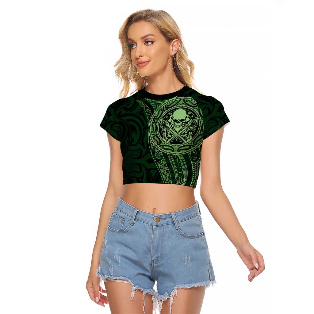 New Zealand Skull Darts Raglan Cropped T Shirt Aotearoa Maori Chest Tattoo Stylized Green - Aussie Hoodie