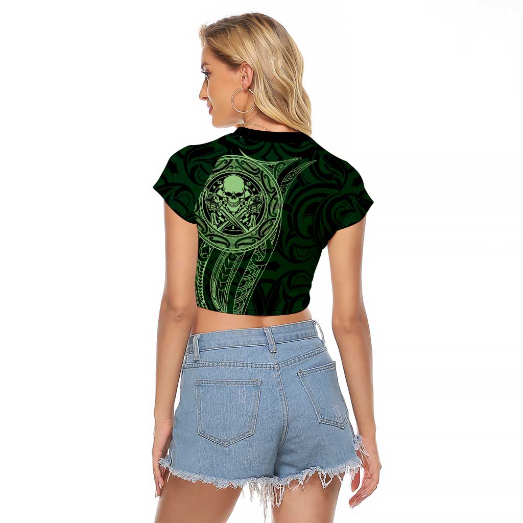 New Zealand Skull Darts Raglan Cropped T Shirt Aotearoa Maori Chest Tattoo Stylized Green - Aussie Hoodie