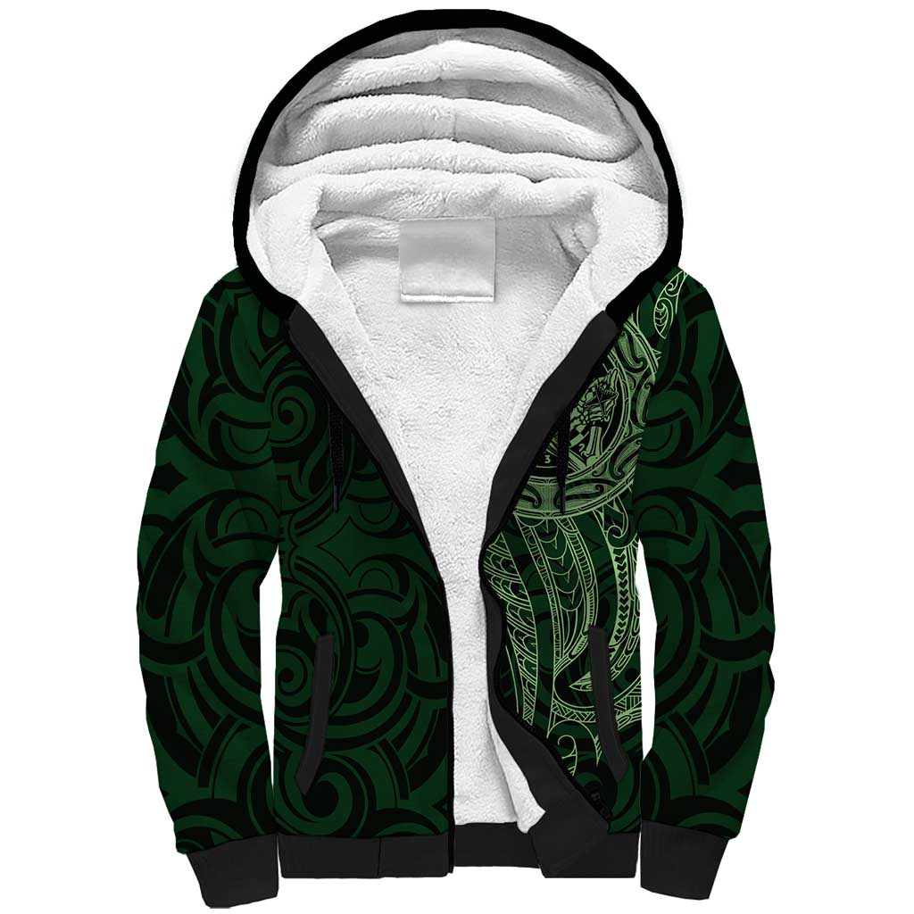 New Zealand Skull Darts Sherpa Hoodie Aotearoa Maori Chest Tattoo Stylized Green - Aussie Hoodie