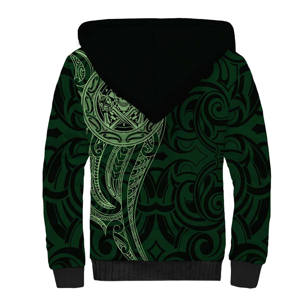 New Zealand Skull Darts Sherpa Hoodie Aotearoa Maori Chest Tattoo Stylized Green - Aussie Hoodie