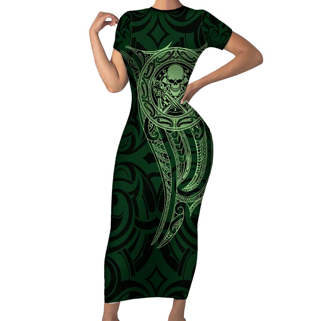 New Zealand Skull Darts Short Sleeve Bodycon Dress Aotearoa Maori Chest Tattoo Stylized Green - Aussie Hoodie