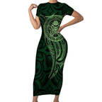 New Zealand Skull Darts Short Sleeve Bodycon Dress Aotearoa Maori Chest Tattoo Stylized Green - Aussie Hoodie