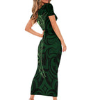 New Zealand Skull Darts Short Sleeve Bodycon Dress Aotearoa Maori Chest Tattoo Stylized Green - Aussie Hoodie