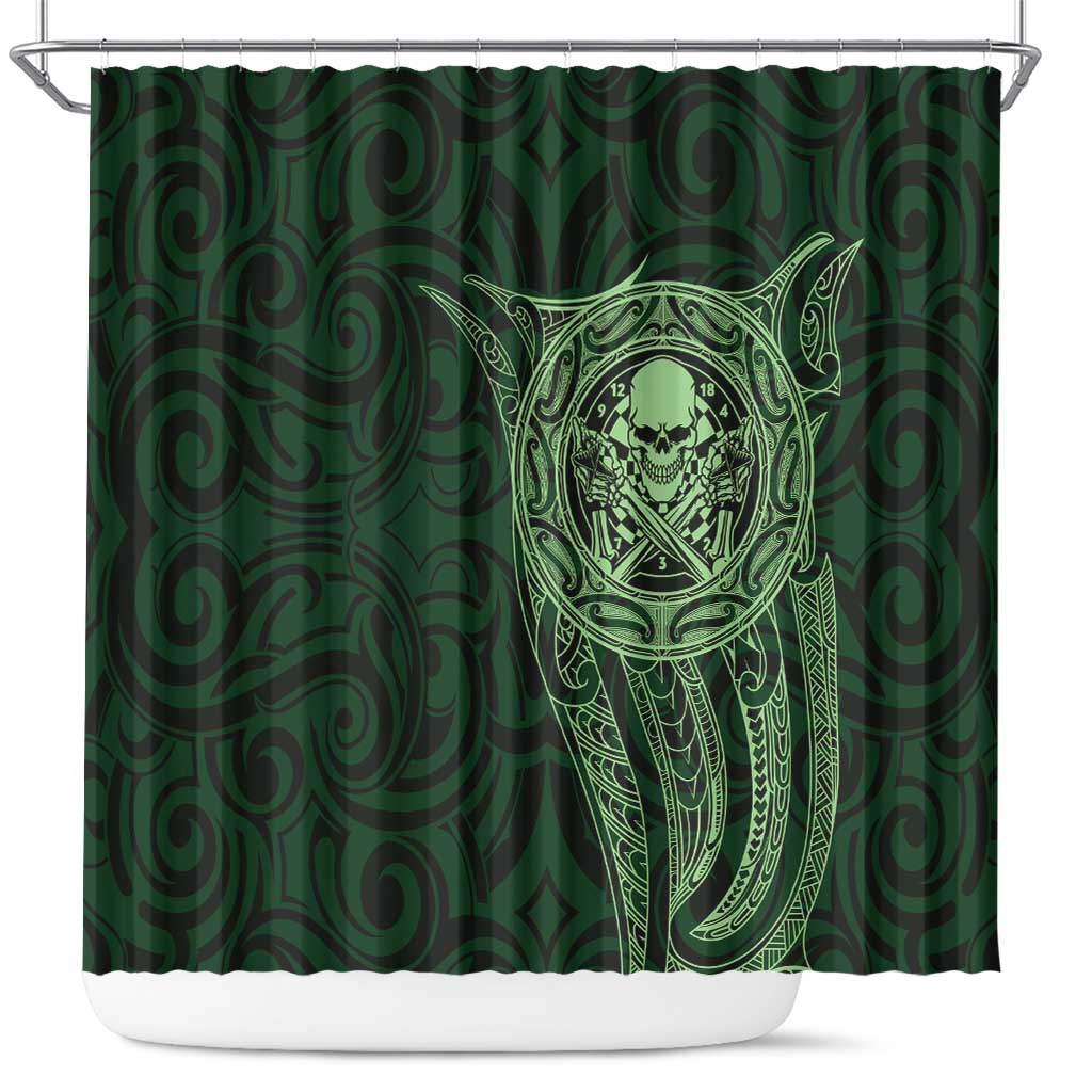 New Zealand Skull Darts Shower Curtain Aotearoa Maori Chest Tattoo Stylized Green - Aussie Hoodie