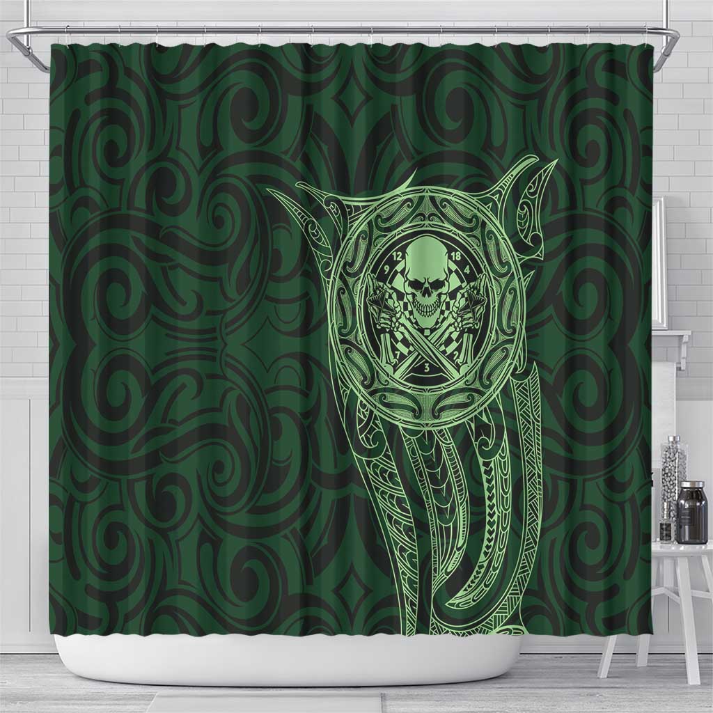 New Zealand Skull Darts Shower Curtain Aotearoa Maori Chest Tattoo Stylized Green - Aussie Hoodie