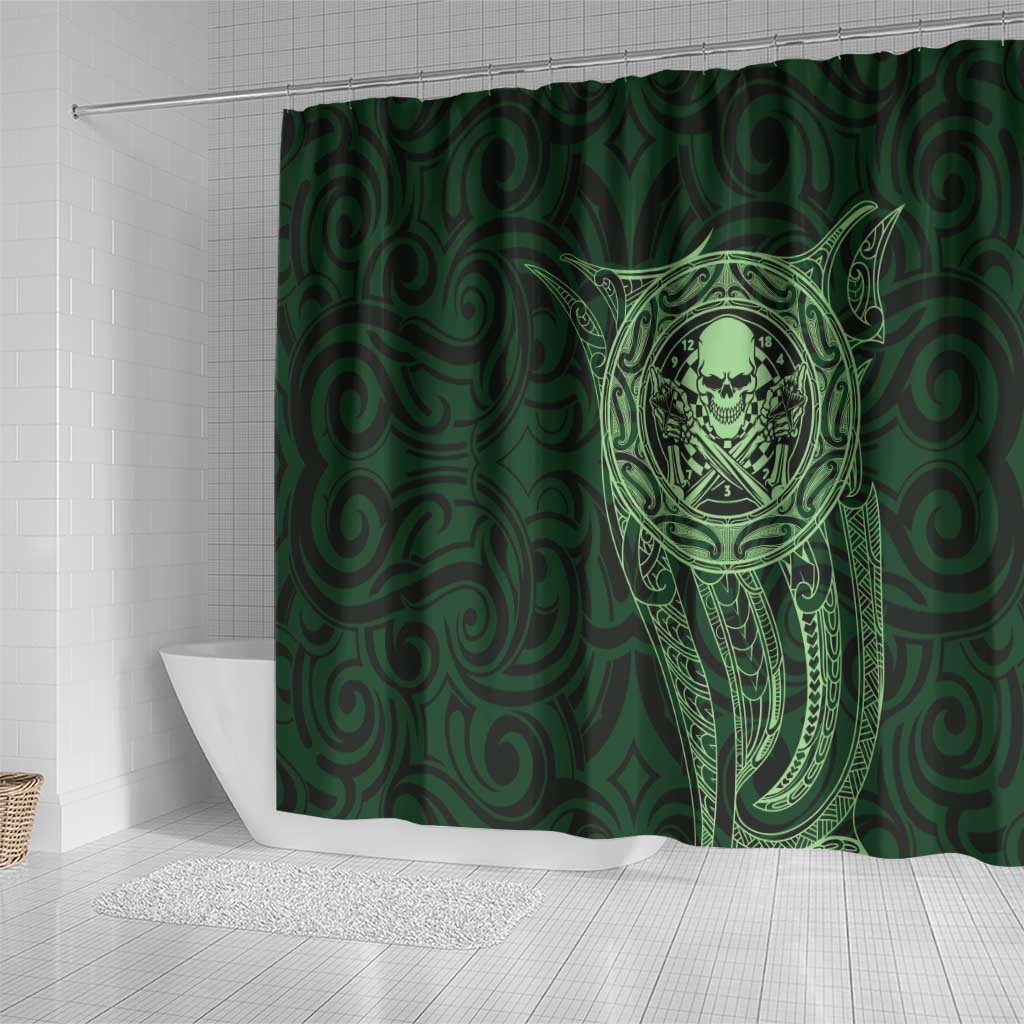 New Zealand Skull Darts Shower Curtain Aotearoa Maori Chest Tattoo Stylized Green - Aussie Hoodie
