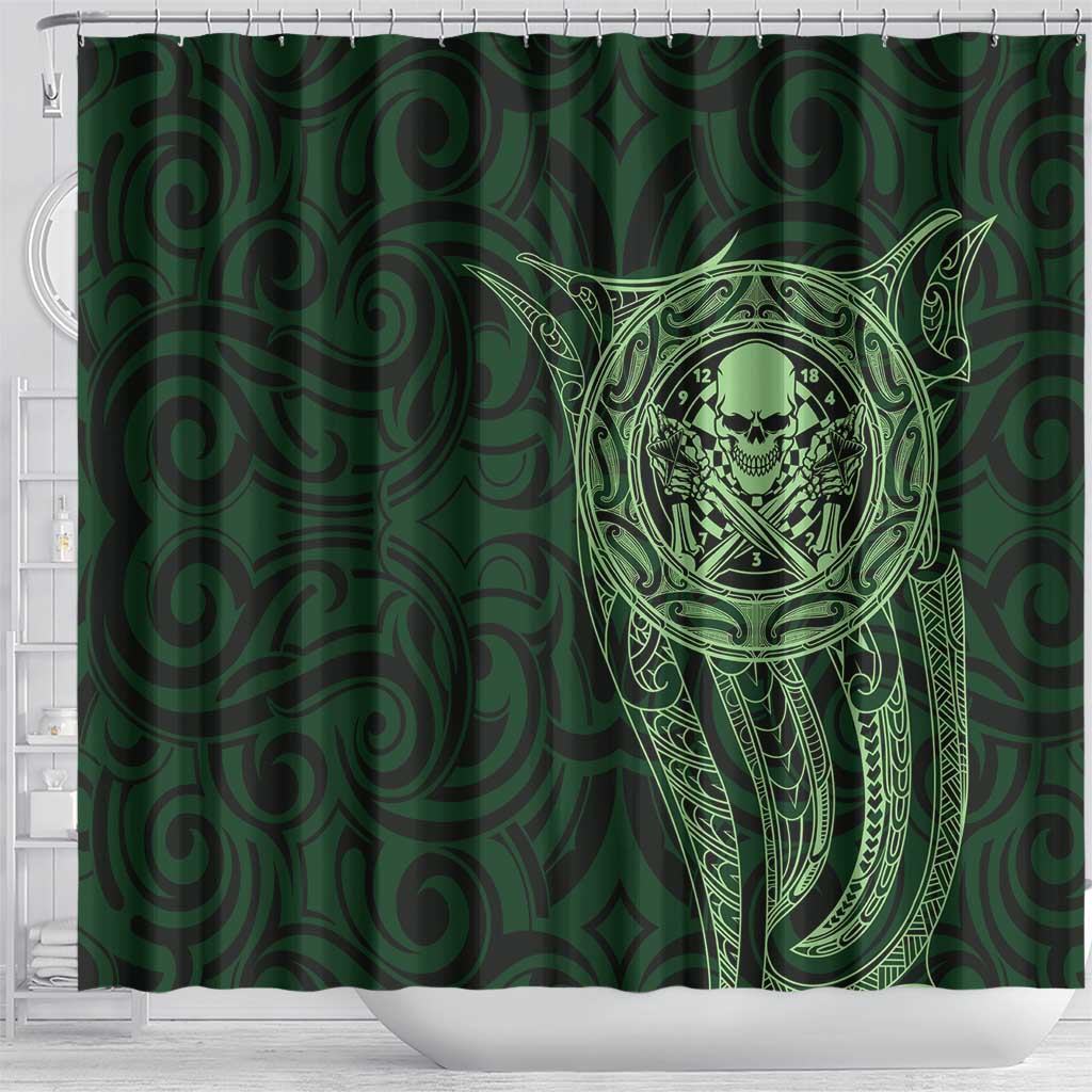 New Zealand Skull Darts Shower Curtain Aotearoa Maori Chest Tattoo Stylized Green - Aussie Hoodie