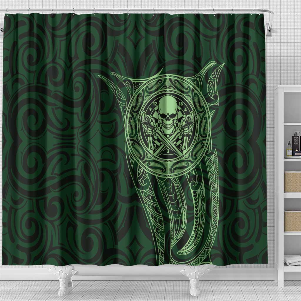 New Zealand Skull Darts Shower Curtain Aotearoa Maori Chest Tattoo Stylized Green - Aussie Hoodie