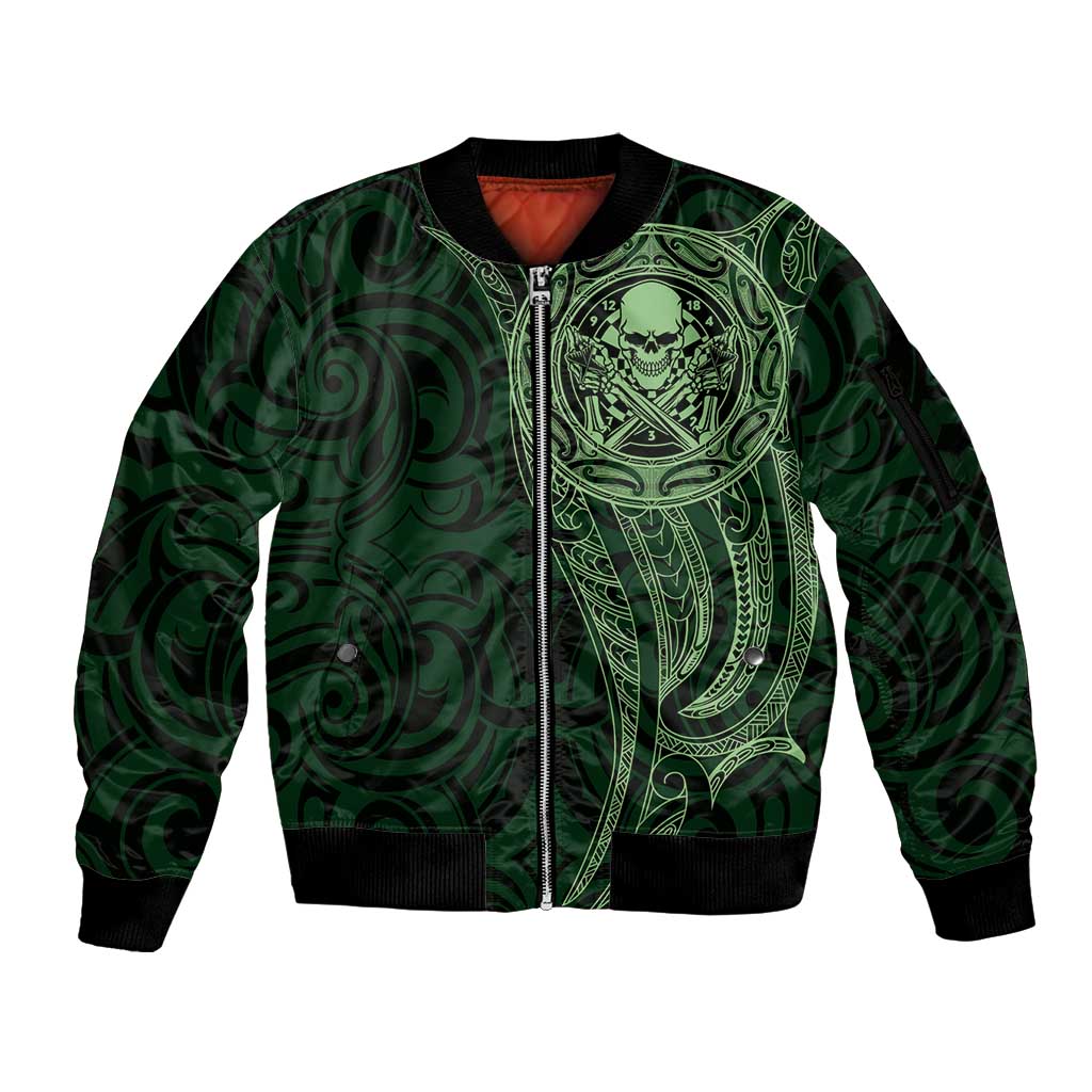 New Zealand Skull Darts Sleeve Zip Bomber Jacket Aotearoa Maori Chest Tattoo Stylized Green - Aussie Hoodie