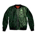 New Zealand Skull Darts Sleeve Zip Bomber Jacket Aotearoa Maori Chest Tattoo Stylized Green - Aussie Hoodie