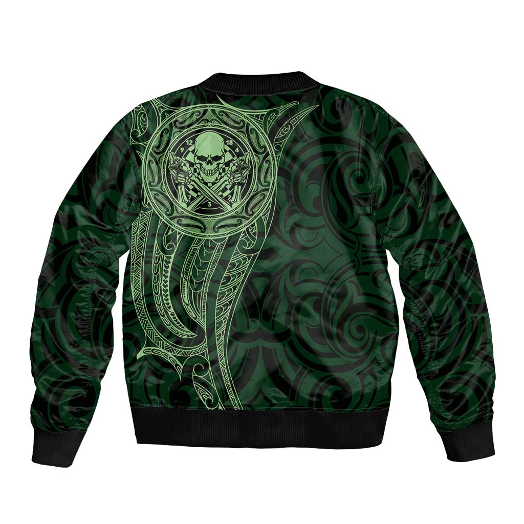 New Zealand Skull Darts Sleeve Zip Bomber Jacket Aotearoa Maori Chest Tattoo Stylized Green - Aussie Hoodie