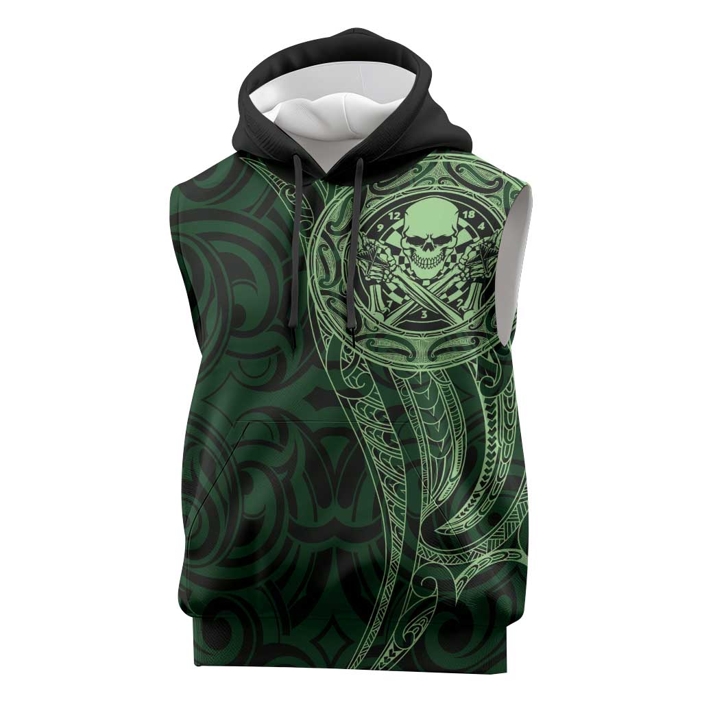 New Zealand Skull Darts Sleeveless Hoodie Aotearoa Maori Chest Tattoo Stylized Green - Aussie Hoodie