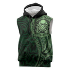 New Zealand Skull Darts Sleeveless Hoodie Aotearoa Maori Chest Tattoo Stylized Green - Aussie Hoodie