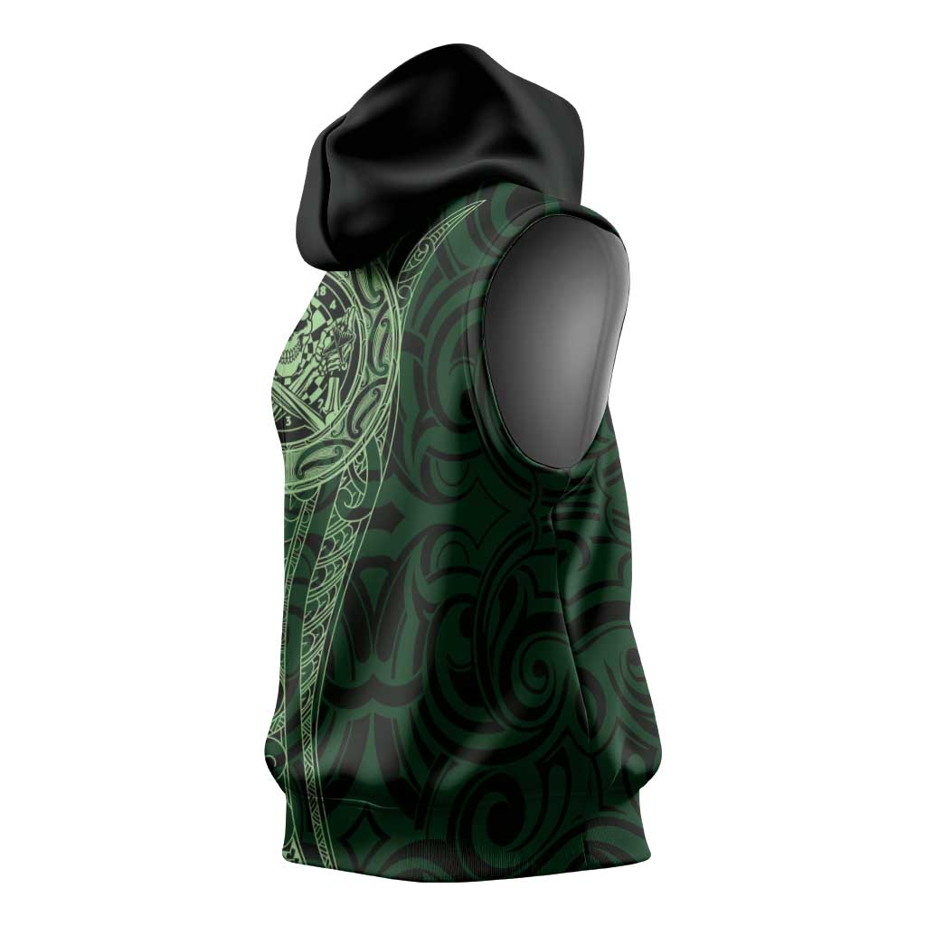 New Zealand Skull Darts Sleeveless Hoodie Aotearoa Maori Chest Tattoo Stylized Green - Aussie Hoodie