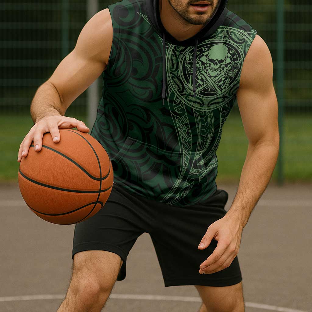 New Zealand Skull Darts Sleeveless Hoodie Aotearoa Maori Chest Tattoo Stylized Green - Aussie Hoodie