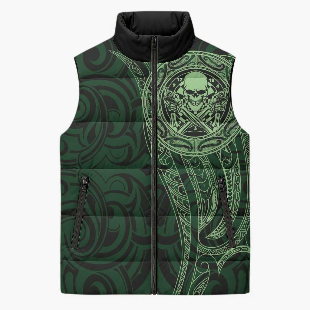 New Zealand Skull Darts Sleeveless Puffer Jacket Aotearoa Maori Chest Tattoo Stylized Green - Aussie Hoodie