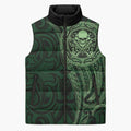 New Zealand Skull Darts Sleeveless Puffer Jacket Aotearoa Maori Chest Tattoo Stylized Green - Aussie Hoodie