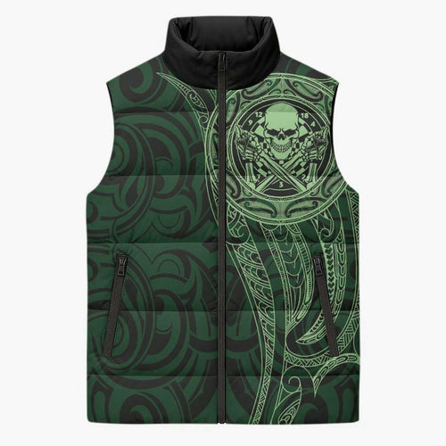 New Zealand Skull Darts Sleeveless Puffer Jacket Aotearoa Maori Chest Tattoo Stylized Green - Aussie Hoodie