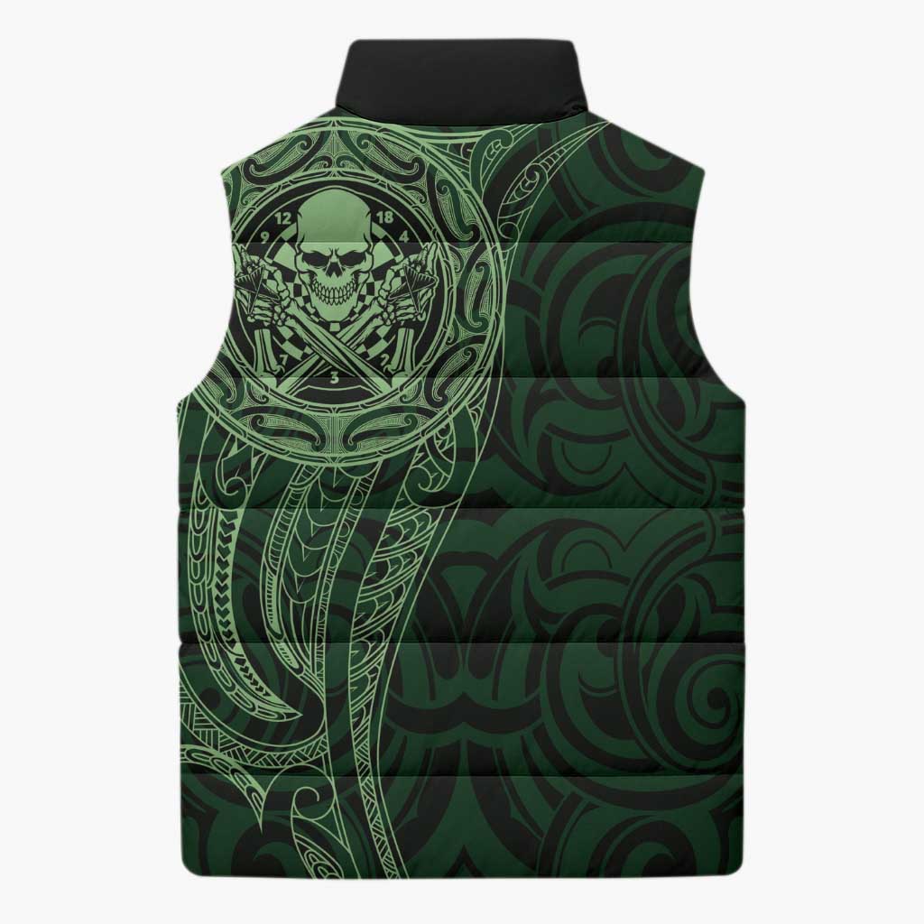 New Zealand Skull Darts Sleeveless Puffer Jacket Aotearoa Maori Chest Tattoo Stylized Green - Aussie Hoodie