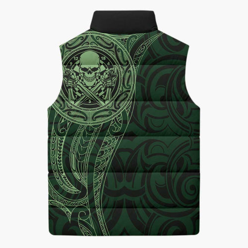 New Zealand Skull Darts Sleeveless Puffer Jacket Aotearoa Maori Chest Tattoo Stylized Green - Aussie Hoodie