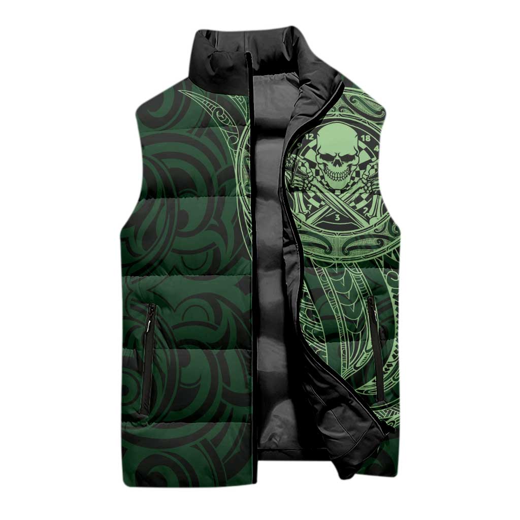 New Zealand Skull Darts Sleeveless Puffer Jacket Aotearoa Maori Chest Tattoo Stylized Green - Aussie Hoodie