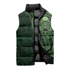 New Zealand Skull Darts Sleeveless Puffer Jacket Aotearoa Maori Chest Tattoo Stylized Green - Aussie Hoodie