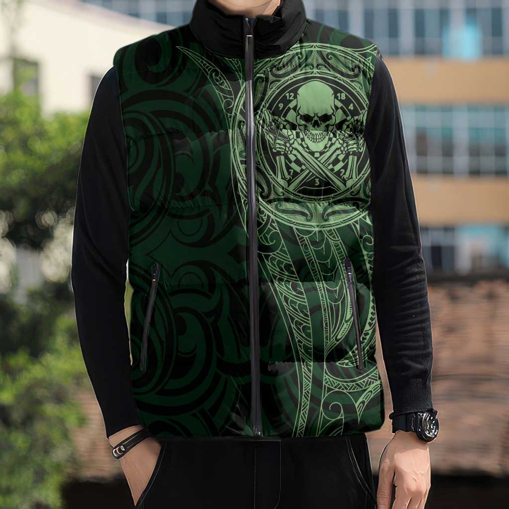 New Zealand Skull Darts Sleeveless Puffer Jacket Aotearoa Maori Chest Tattoo Stylized Green - Aussie Hoodie