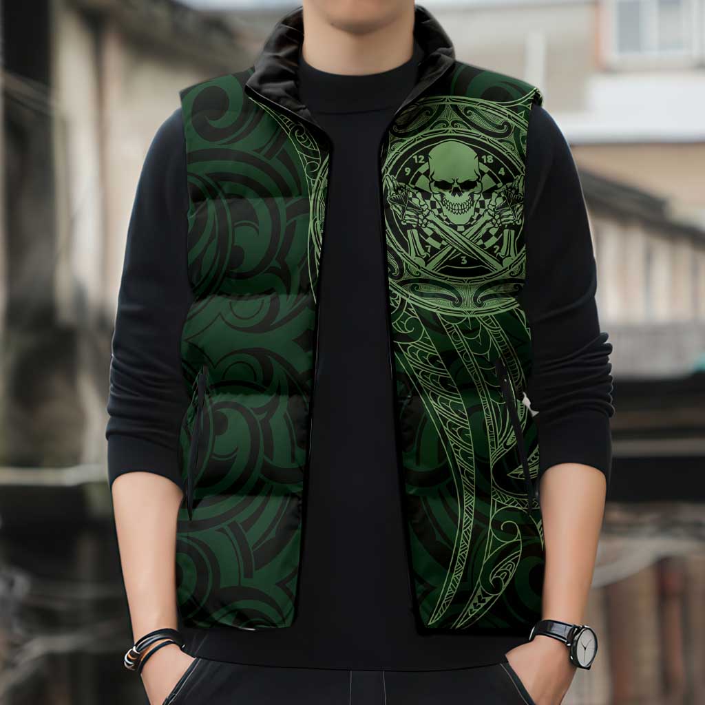 New Zealand Skull Darts Sleeveless Puffer Jacket Aotearoa Maori Chest Tattoo Stylized Green - Aussie Hoodie
