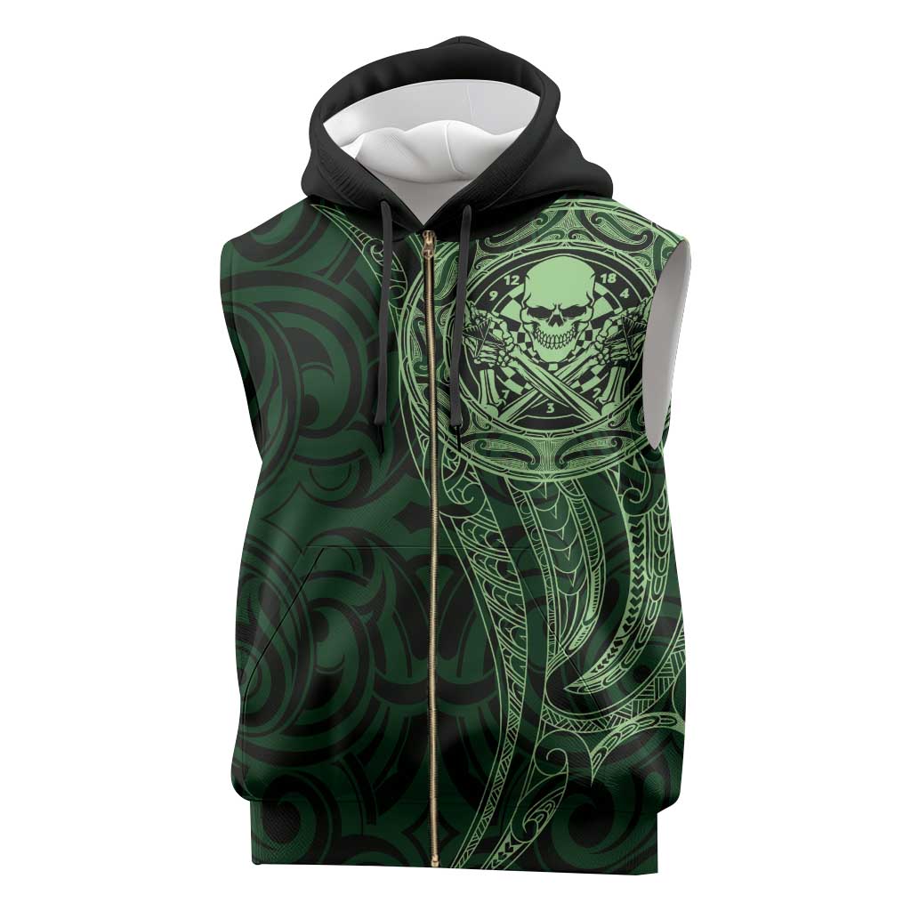New Zealand Skull Darts Sleeveless Zip Hoodie Aotearoa Maori Chest Tattoo Stylized Green - Aussie Hoodie
