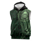 New Zealand Skull Darts Sleeveless Zip Hoodie Aotearoa Maori Chest Tattoo Stylized Green LT14