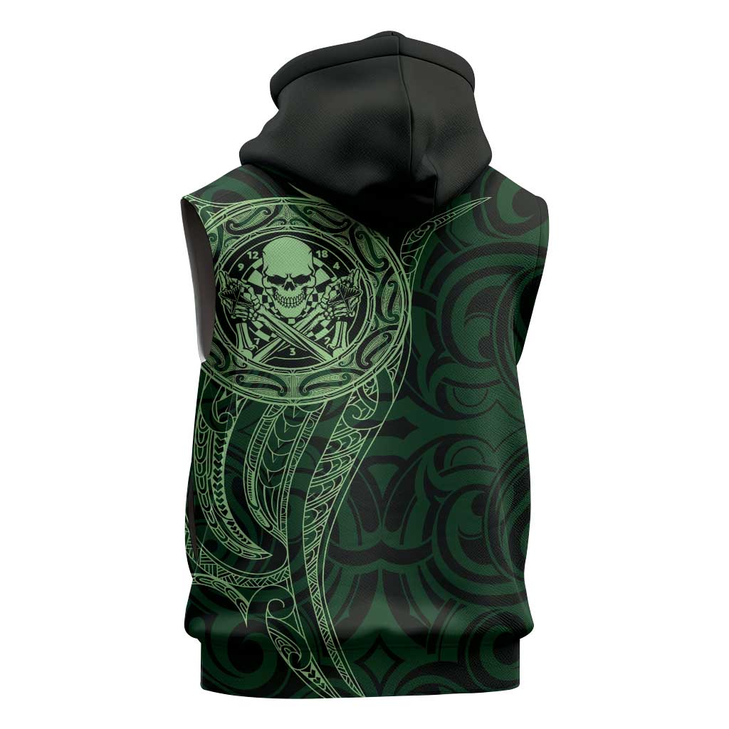 New Zealand Skull Darts Sleeveless Zip Hoodie Aotearoa Maori Chest Tattoo Stylized Green - Aussie Hoodie
