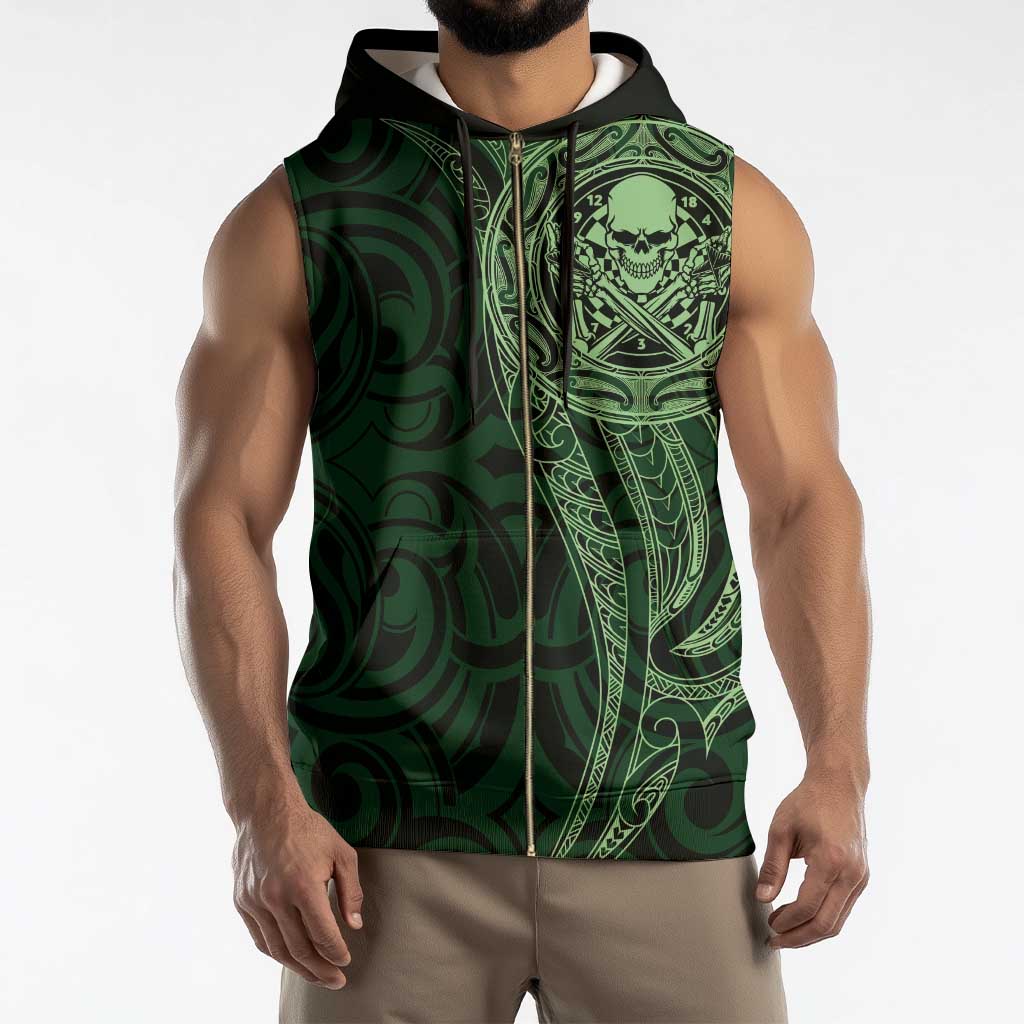 New Zealand Skull Darts Sleeveless Zip Hoodie Aotearoa Maori Chest Tattoo Stylized Green - Aussie Hoodie