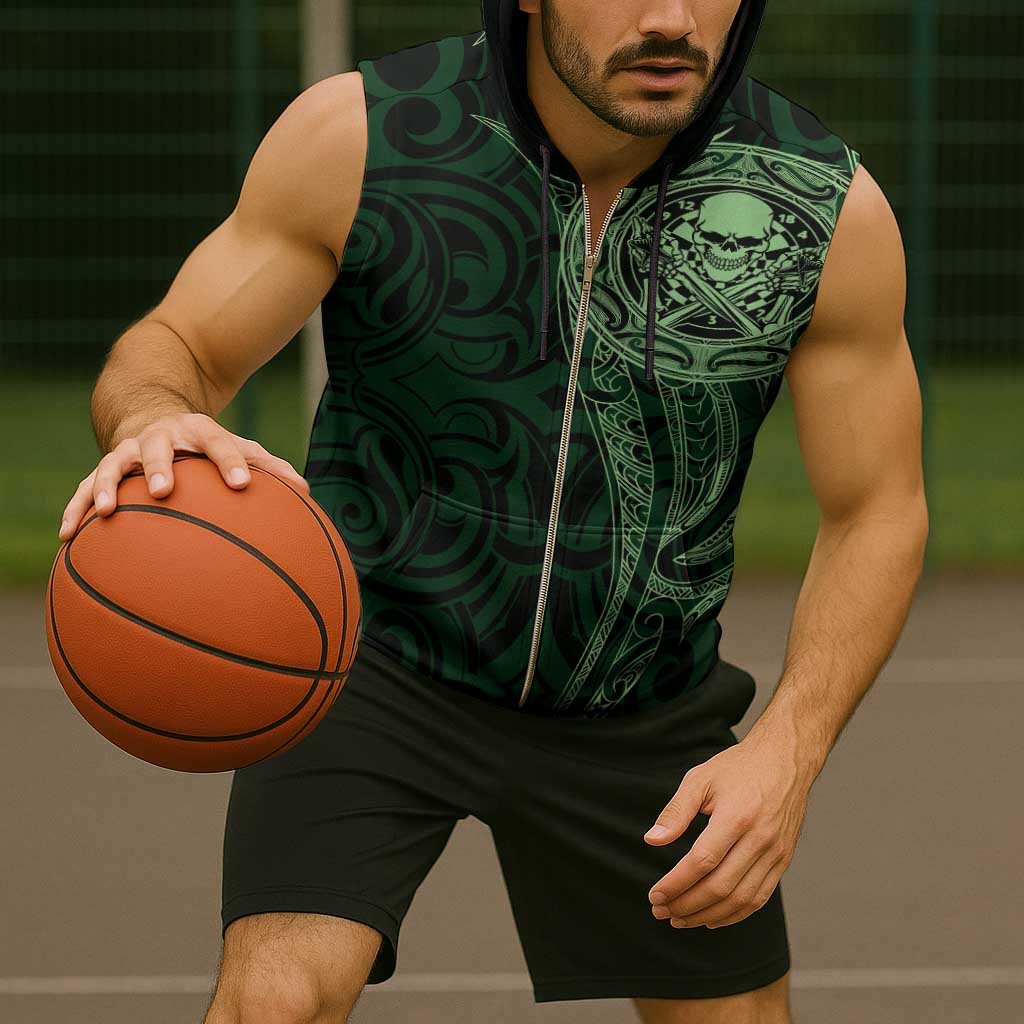 New Zealand Skull Darts Sleeveless Zip Hoodie Aotearoa Maori Chest Tattoo Stylized Green - Aussie Hoodie