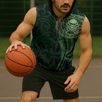 New Zealand Skull Darts Sleeveless Zip Hoodie Aotearoa Maori Chest Tattoo Stylized Green LT14