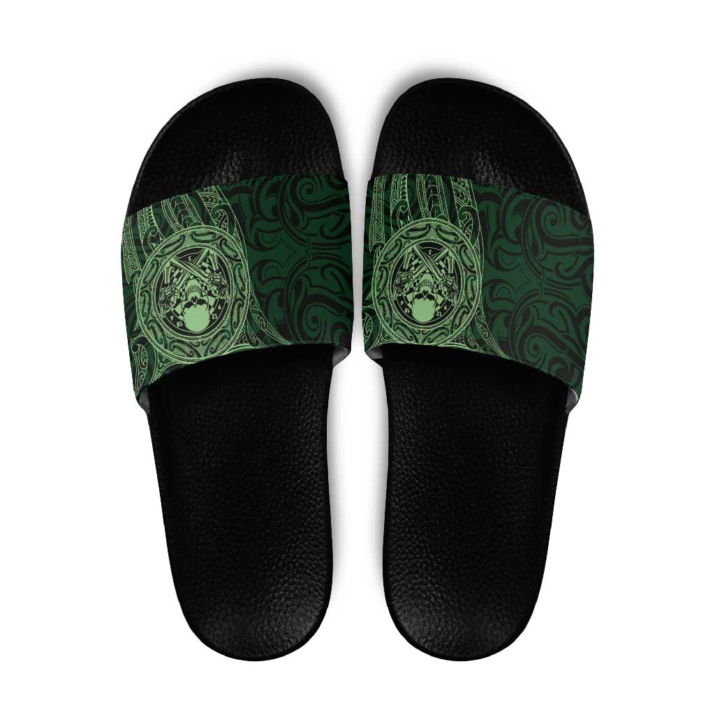 New Zealand Skull Darts Slide Sandals Aotearoa Maori Chest Tattoo Stylized Green - Aussie Hoodie