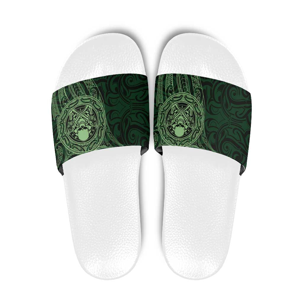 New Zealand Skull Darts Slide Sandals Aotearoa Maori Chest Tattoo Stylized Green - Aussie Hoodie