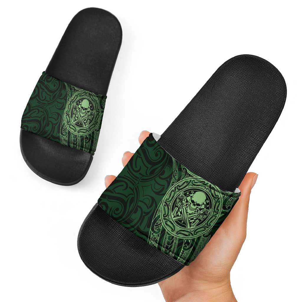 New Zealand Skull Darts Slide Sandals Aotearoa Maori Chest Tattoo Stylized Green - Aussie Hoodie