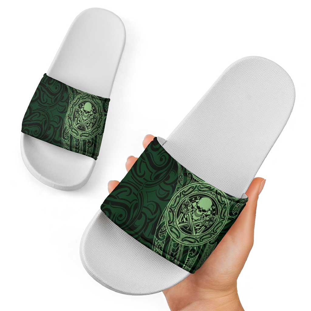 New Zealand Skull Darts Slide Sandals Aotearoa Maori Chest Tattoo Stylized Green - Aussie Hoodie