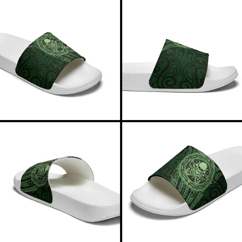 New Zealand Skull Darts Slide Sandals Aotearoa Maori Chest Tattoo Stylized Green - Aussie Hoodie