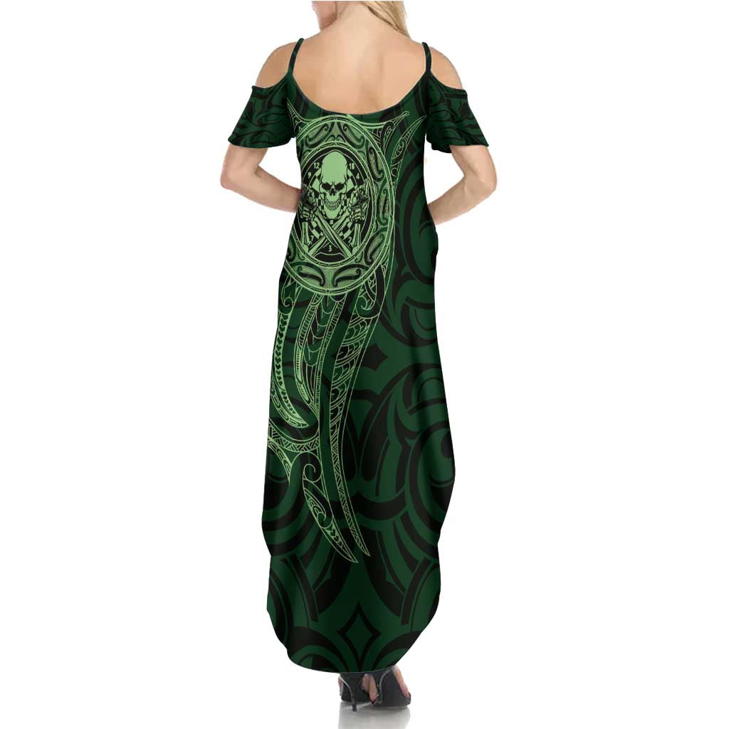 New Zealand Skull Darts Summer Maxi Dress Aotearoa Maori Chest Tattoo Stylized Green - Aussie Hoodie