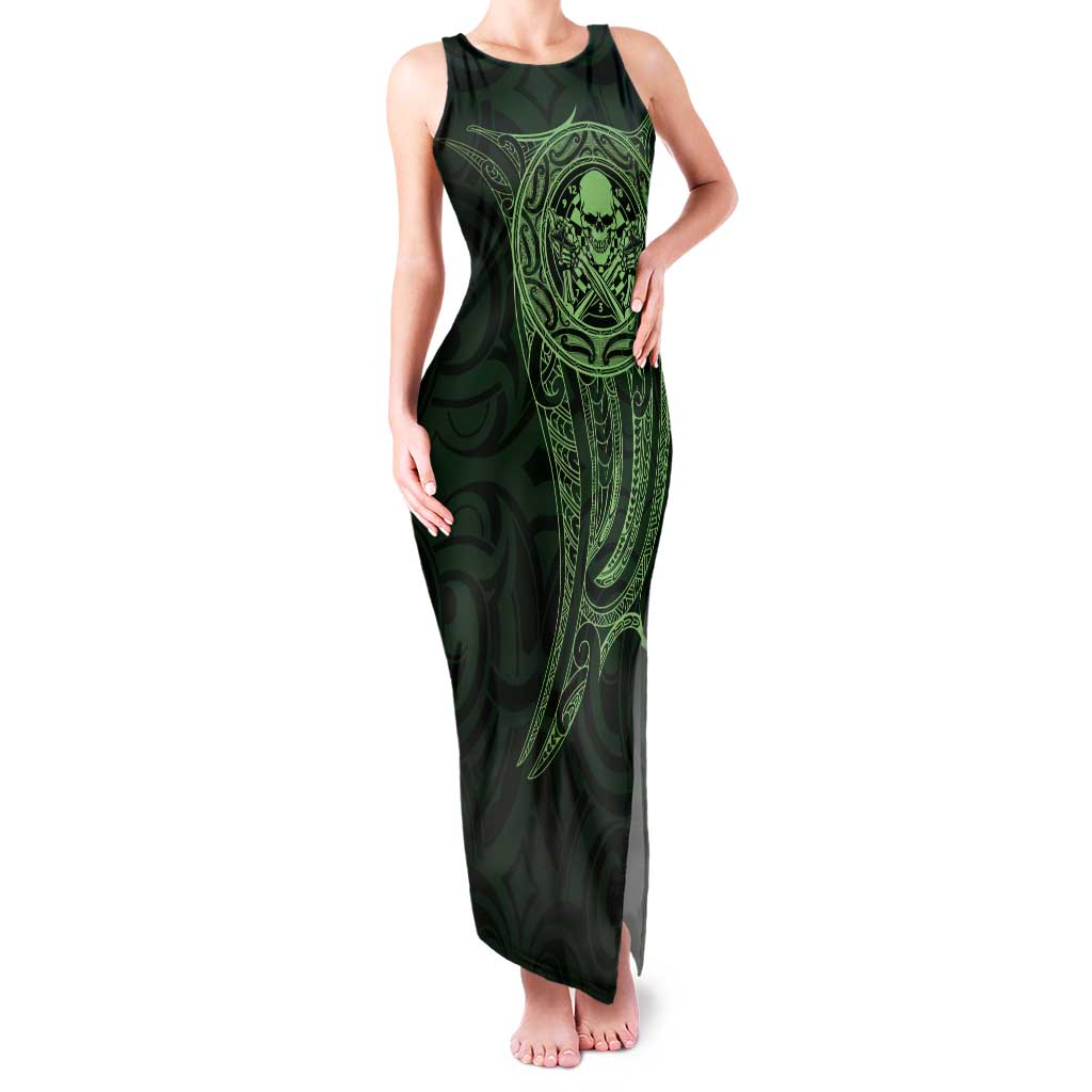 New Zealand Skull Darts Tank Maxi Dress Aotearoa Maori Chest Tattoo Stylized Green - Aussie Hoodie