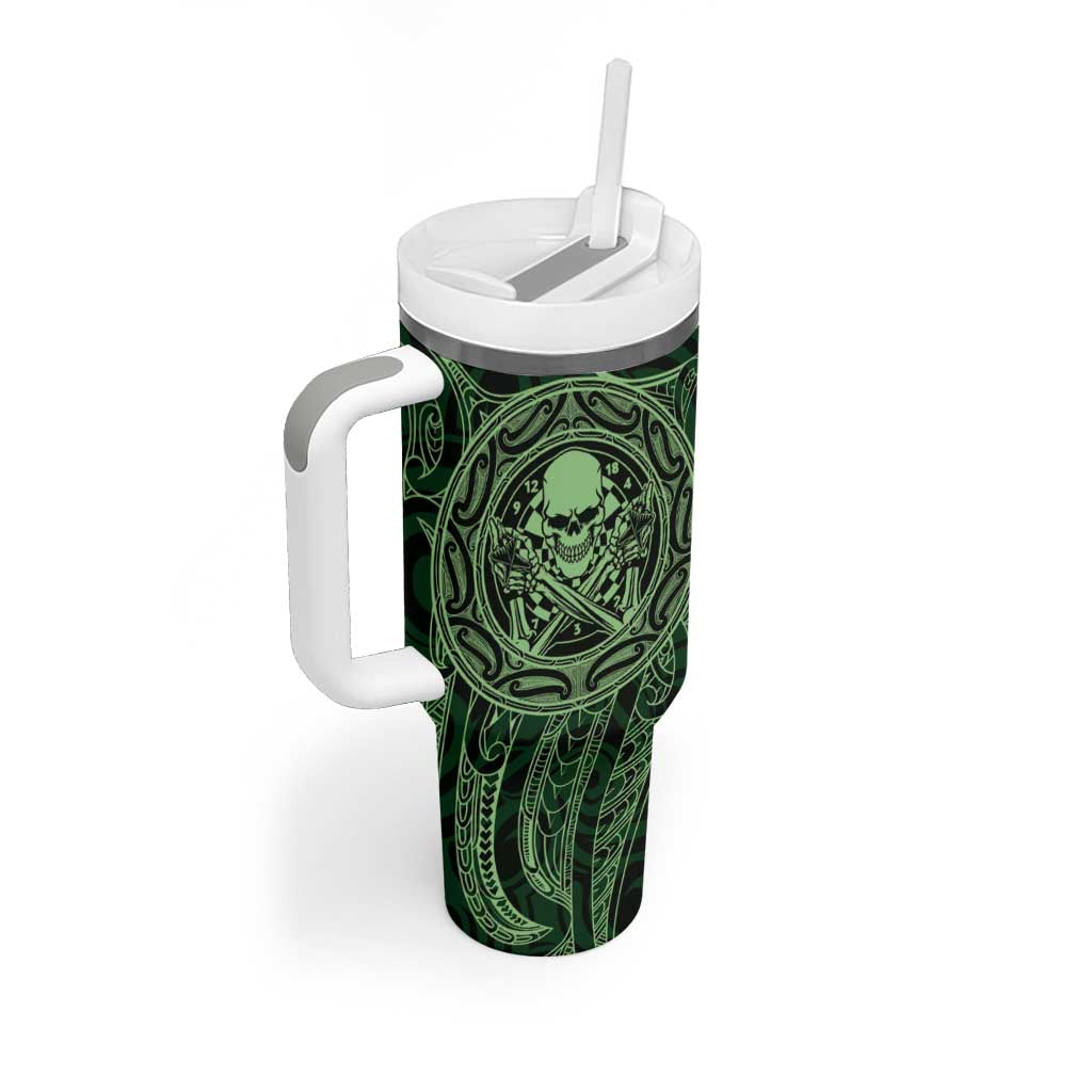New Zealand Skull Darts Tumbler With Handle Aotearoa Maori Chest Tattoo Stylized Green - Aussie Hoodie