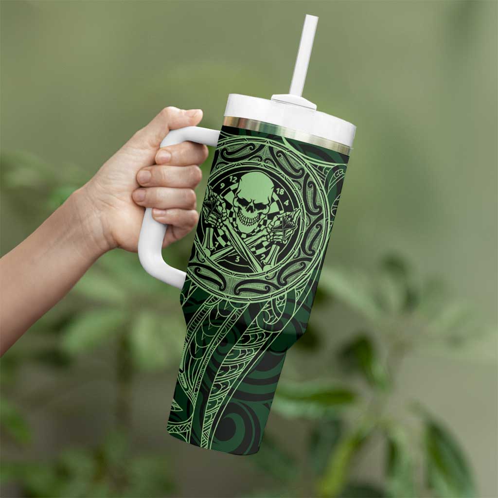 New Zealand Skull Darts Tumbler With Handle Aotearoa Maori Chest Tattoo Stylized Green - Aussie Hoodie