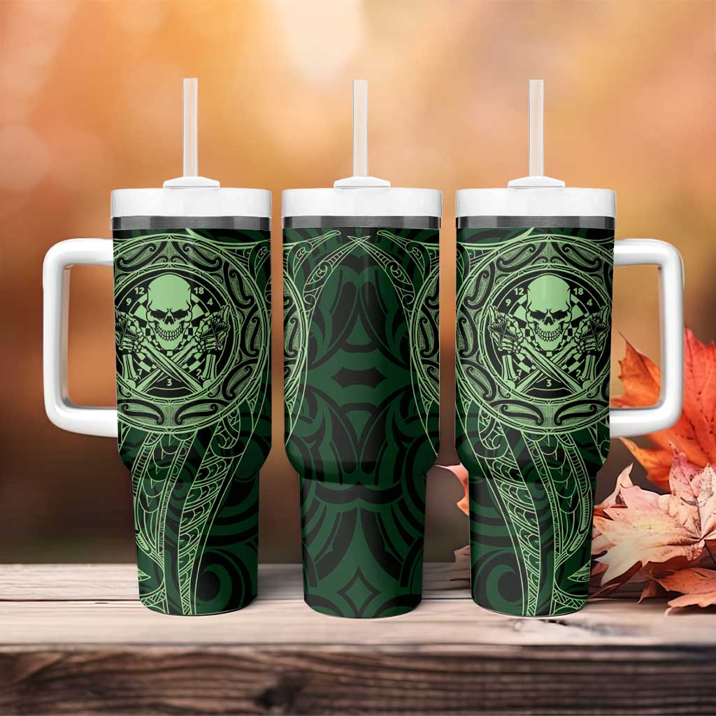 New Zealand Skull Darts Tumbler With Handle Aotearoa Maori Chest Tattoo Stylized Green - Aussie Hoodie