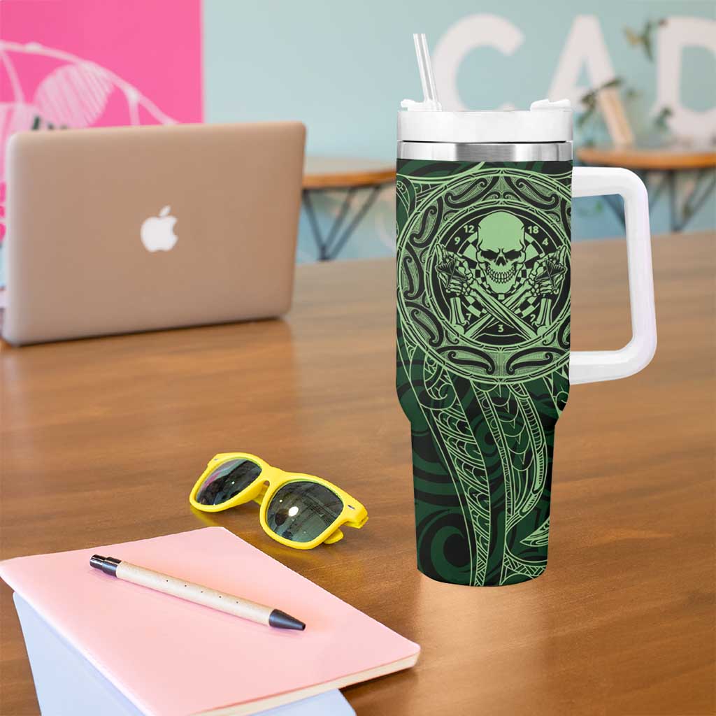 New Zealand Skull Darts Tumbler With Handle Aotearoa Maori Chest Tattoo Stylized Green - Aussie Hoodie