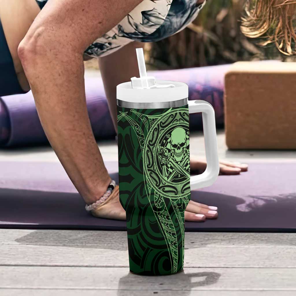 New Zealand Skull Darts Tumbler With Handle Aotearoa Maori Chest Tattoo Stylized Green - Aussie Hoodie