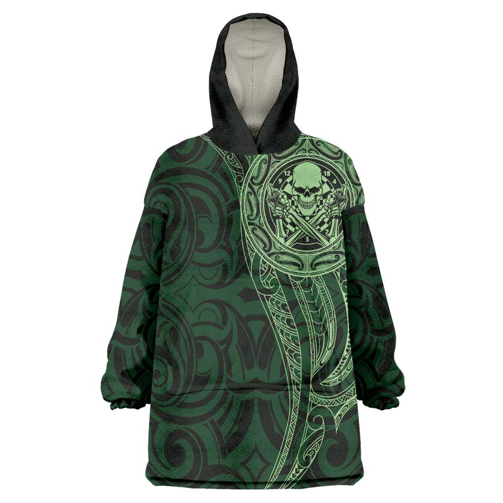 New Zealand Skull Darts Wearable Blanket Hoodie Aotearoa Maori Chest Tattoo Stylized Green - Aussie Hoodie