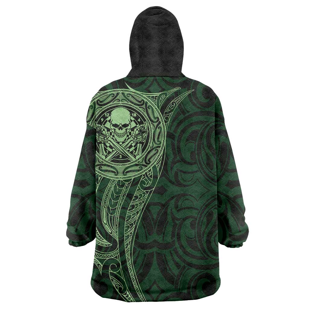 New Zealand Skull Darts Wearable Blanket Hoodie Aotearoa Maori Chest Tattoo Stylized Green - Aussie Hoodie