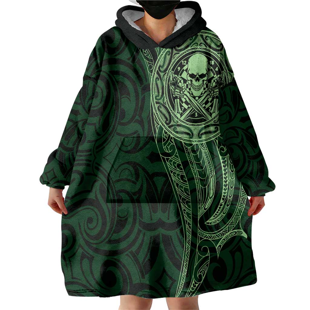 New Zealand Skull Darts Wearable Blanket Hoodie Aotearoa Maori Chest Tattoo Stylized Green - Aussie Hoodie